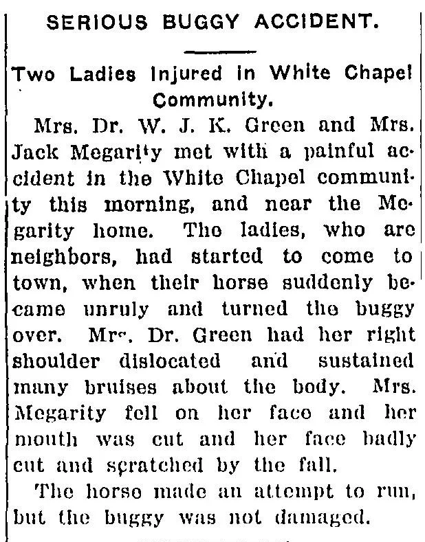 1916 newspaper clipping describing a horse-drawn buggy accident causing injuries to two women