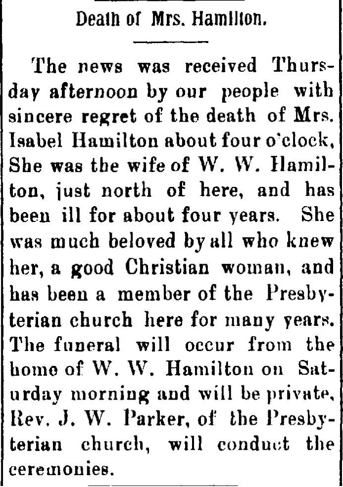 historical newspaper obituary for Mrs Isabel Hamilton listing family details and funeral information