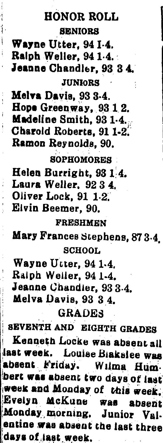 small town newspaper school column listing honor roll students and attendance notes