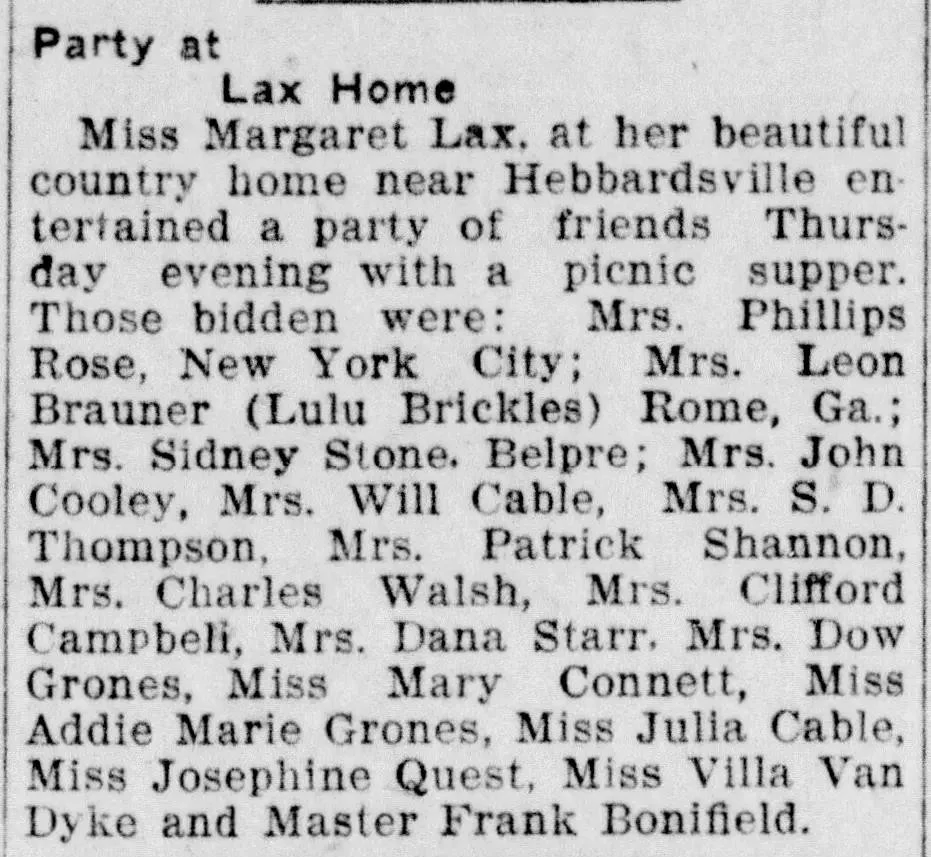 historical newspaper social column describing party at Margaret Lax home listing guests and locations