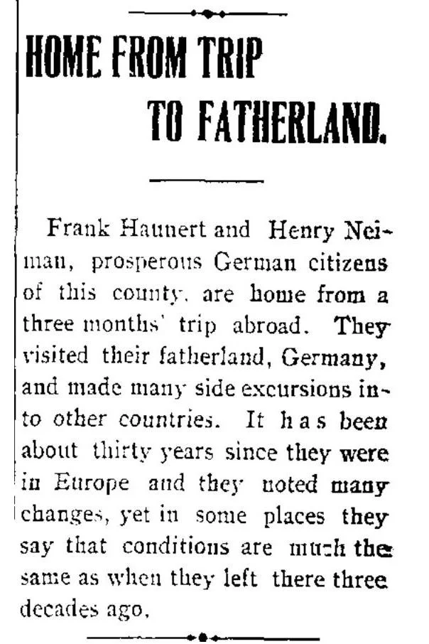 historical newspaper article about Frank Haunert returning from trip to Germany describing travel and immigration ties
