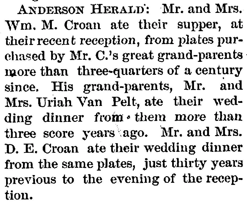 historical newspaper article describing Croan family wedding traditions and multi generational family connections