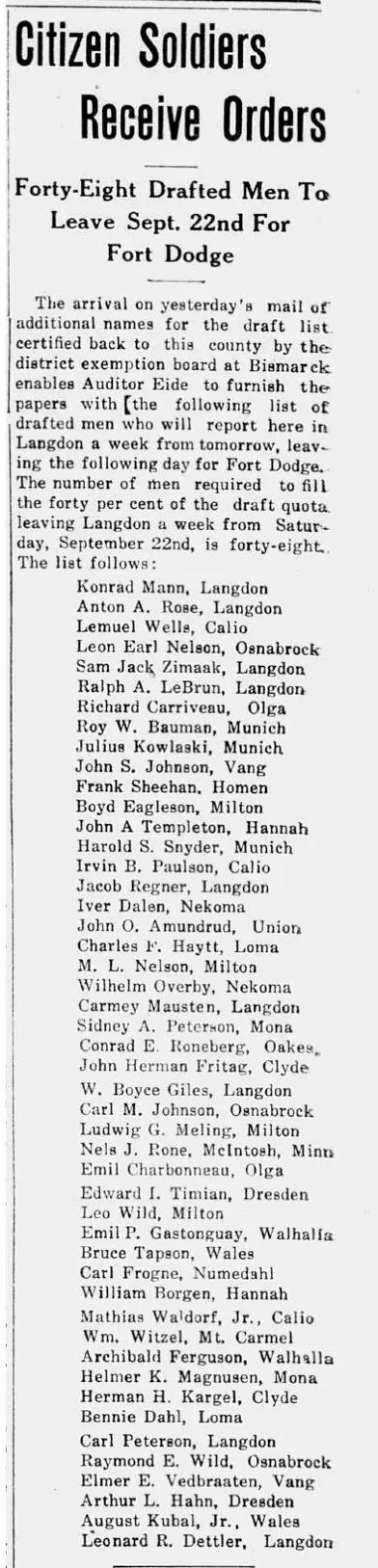 Newspaper draft list showing names of forty-eight men ordered to report for military service at Fort Dodge in 1917