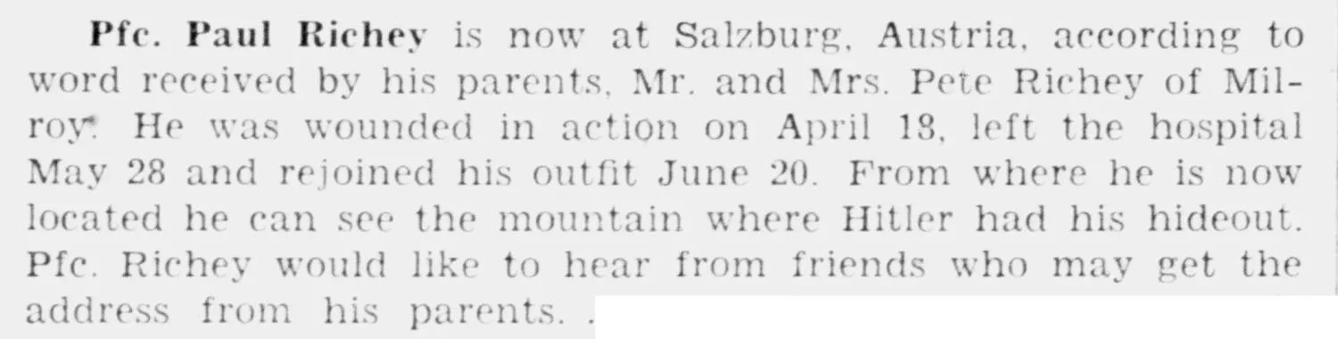 Newspaper clipping about Pfc. Paul Richey wounded in action and stationed in Salzburg, Austria during World War II