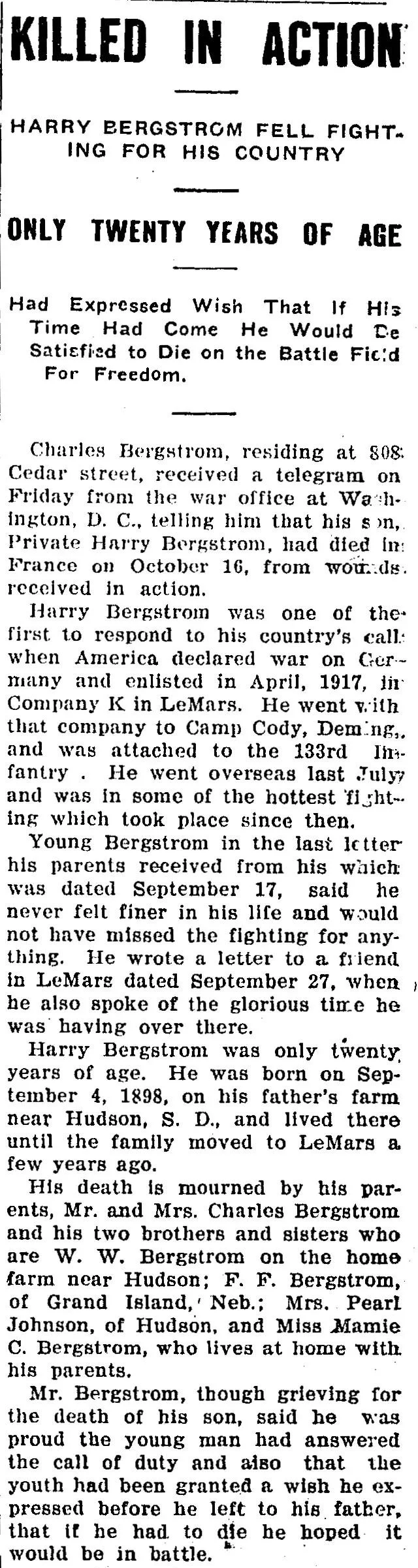 World War I newspaper obituary reporting Private Harry Bergstrom killed in action in France with details of his service