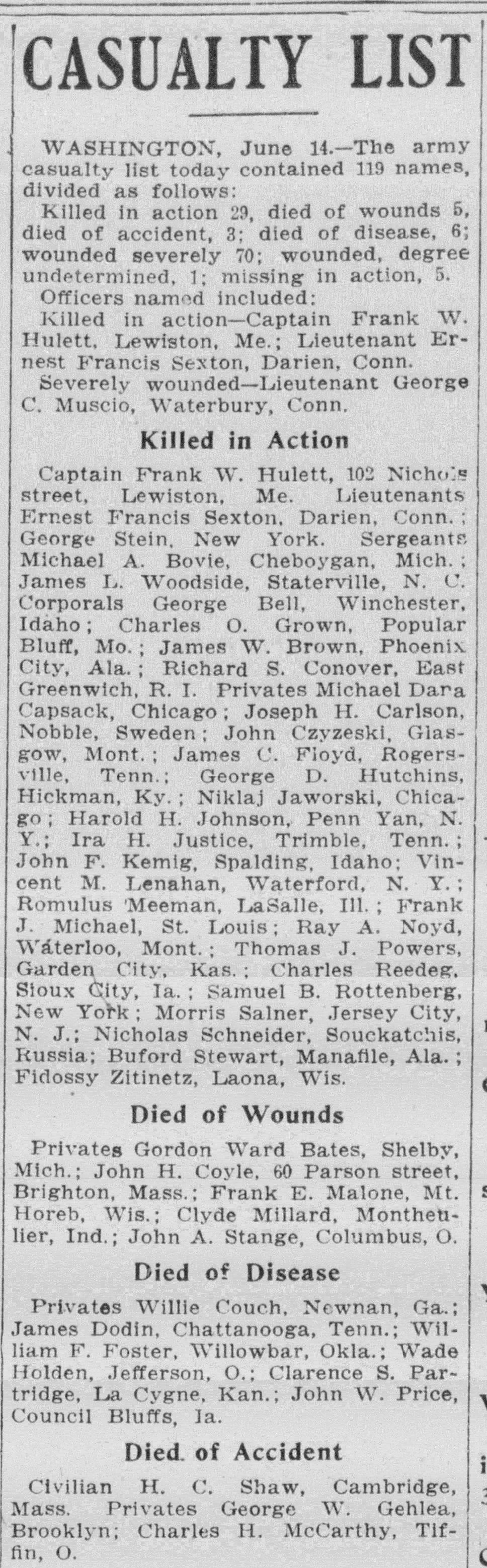 World War I newspaper casualty list reporting soldiers killed in action, wounded, and missing with names and locations