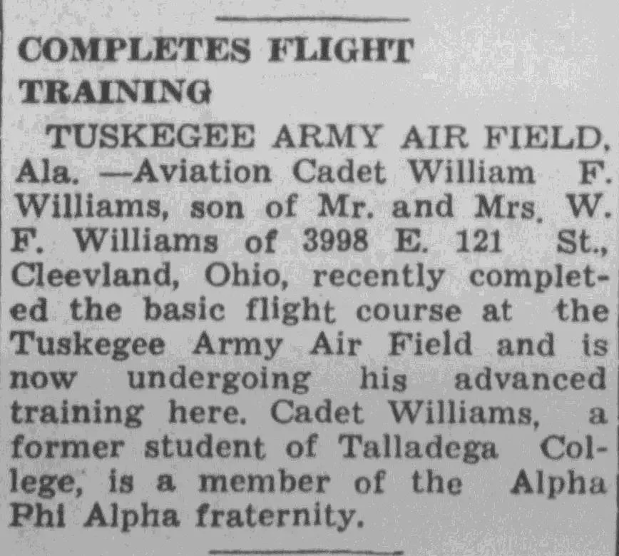 Newspaper clipping reporting Aviation Cadet William F. Williams completed flight training at Tuskegee Army Air Field