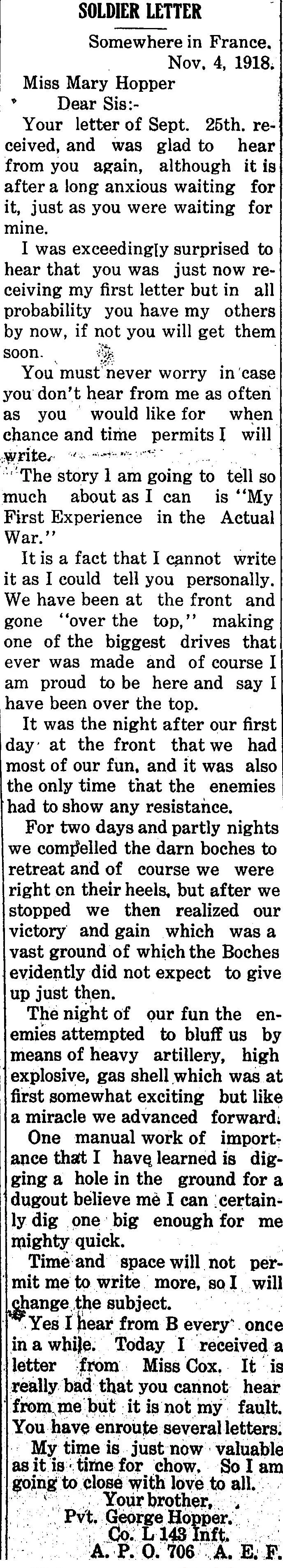 World War I newspaper soldier letter from Pvt. George Hopper describing combat experience on the front lines in France
