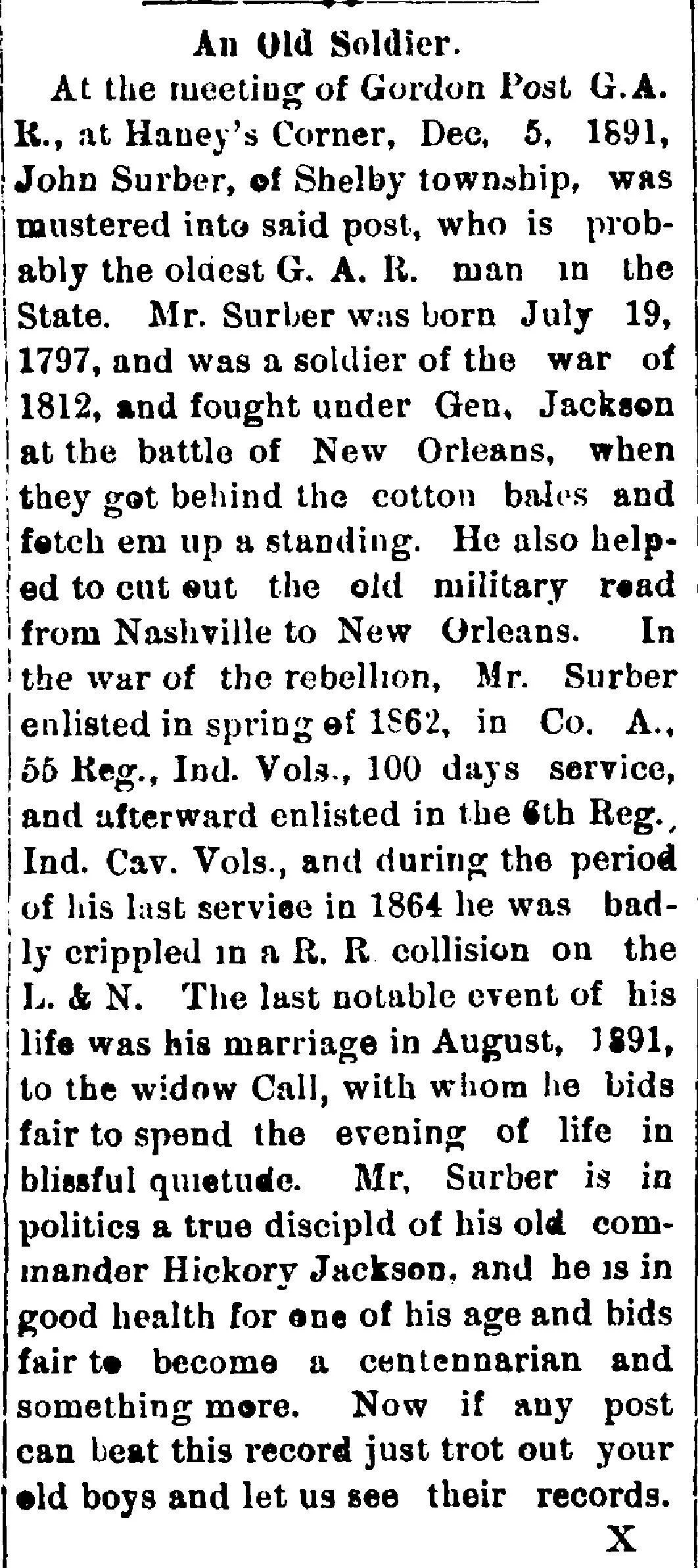 Historic newspaper article about Civil War veteran John Surber detailing his military service and life history