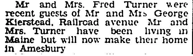 Newspaper clipping from April 19, 1933 noting Fred and Edith Turner returning from Maine to Amesbury, Massachusetts