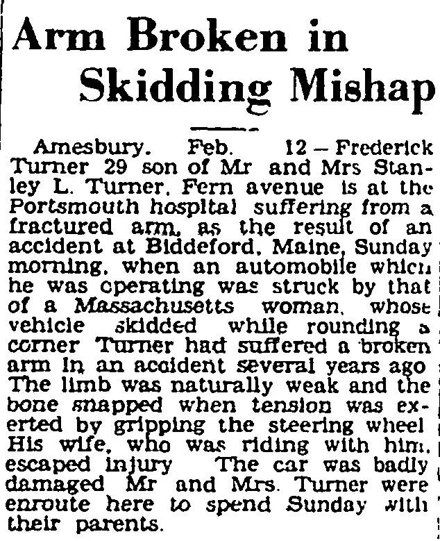 1935 newspaper article reporting Fred Turner injured in a car accident in Maine while traveling with his wife