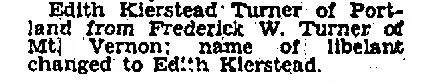 1938 newspaper legal notice showing Edith Kierstead Turner of Portland resuming her maiden name after divorce