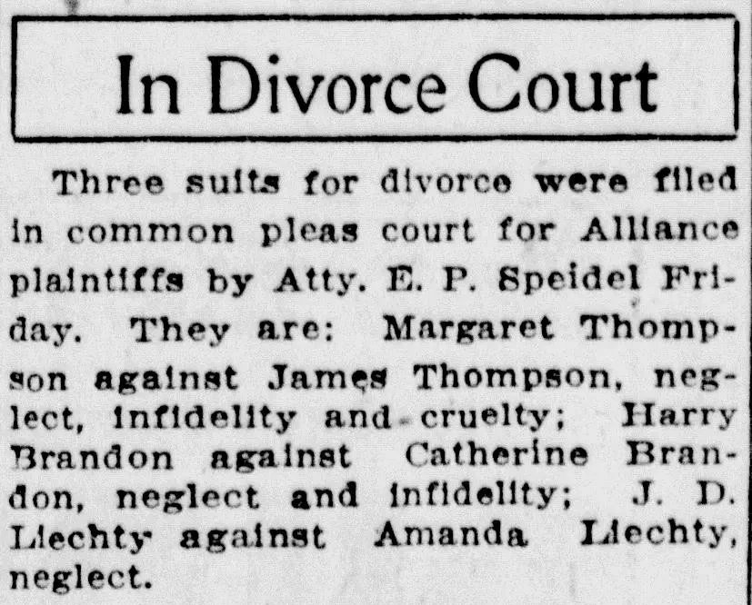 Newspaper clipping titled “In Divorce Court” listing multiple divorce filings with names and grounds such as neglect and infidelity