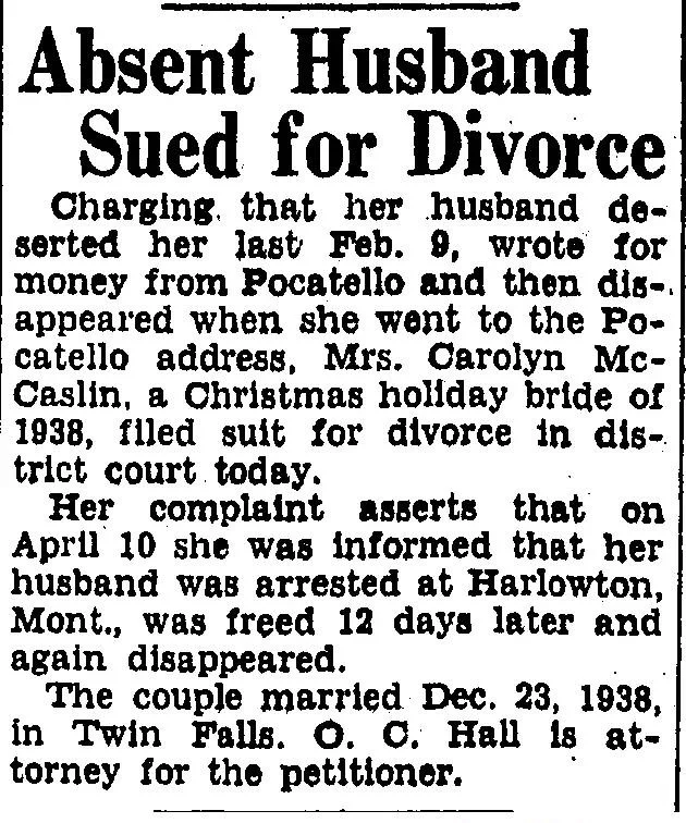 Newspaper article titled “Absent Husband Sued for Divorce” describing desertion, disappearance, and court filing details
