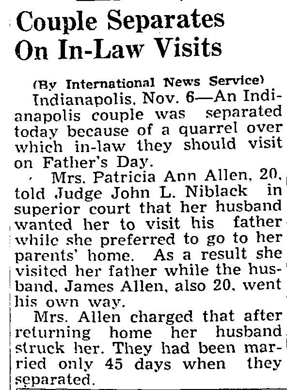 Newspaper article titled “Couple Separates On In-Law Visits” describing marital dispute, separation, and court details