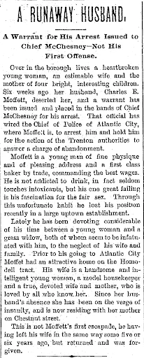 Newspaper article titled “A Runaway Husband” describing abandonment, arrest warrant, and failure to support wife and children