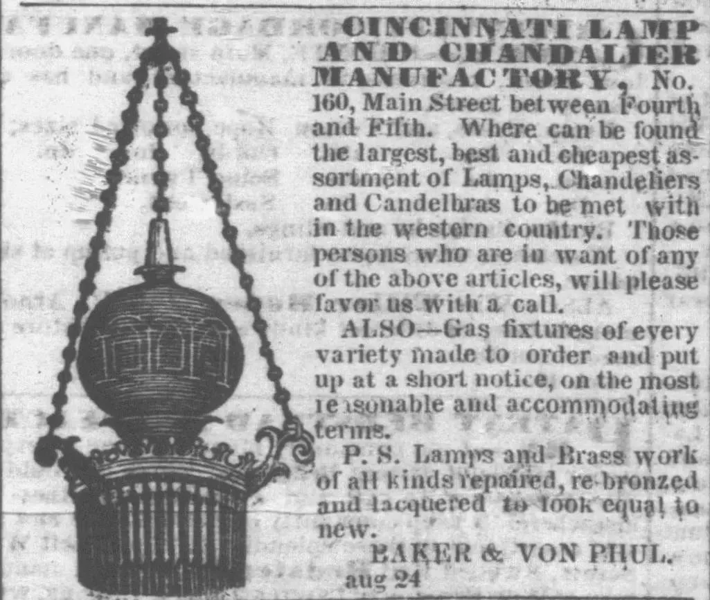 19th-century newspaper advertisement for Baker & VonPhul Cincinnati Lamp and Chandelier Manufactory featuring a detailed illustration of a hanging gas lamp