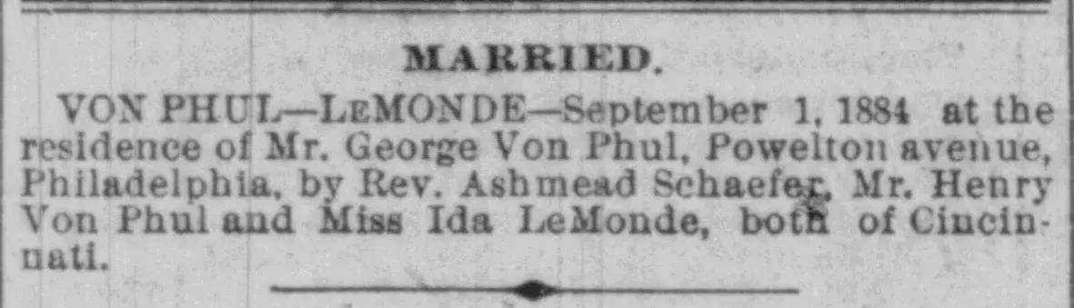 1884 newspaper marriage announcement for Henry Von Phul and Ida LeMonde published in a Cincinnati newspaper