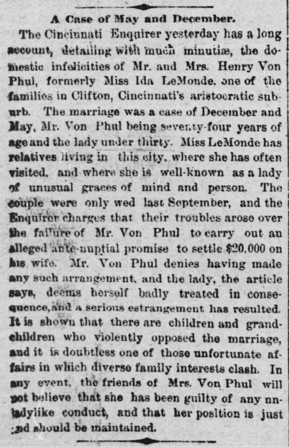1885 newspaper article titled "A Case of May and December" describing the troubled marriage of Henry Von Phul and Ida LeMonde