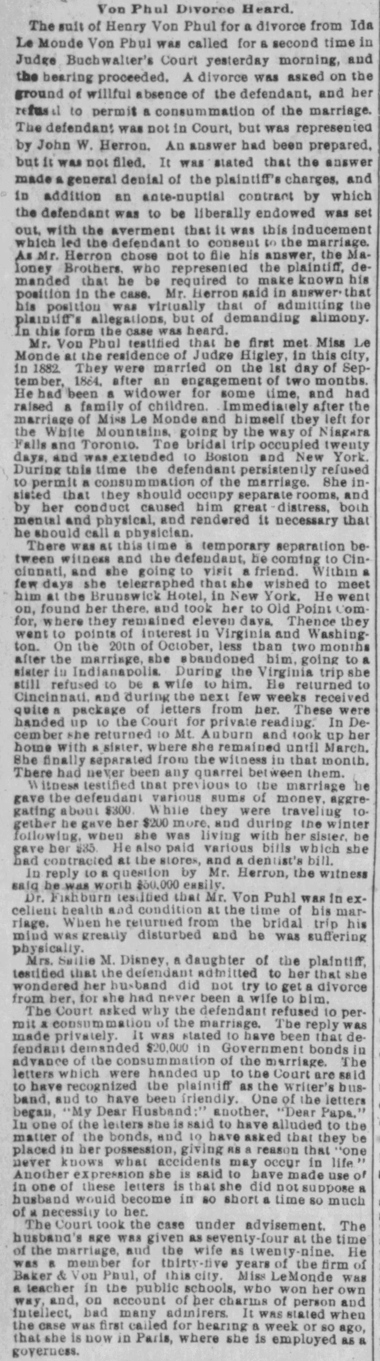 Historic newspaper report on Henry Von Phul’s divorce proceedings, including claims of abandonment, financial disputes, and courtroom testimony