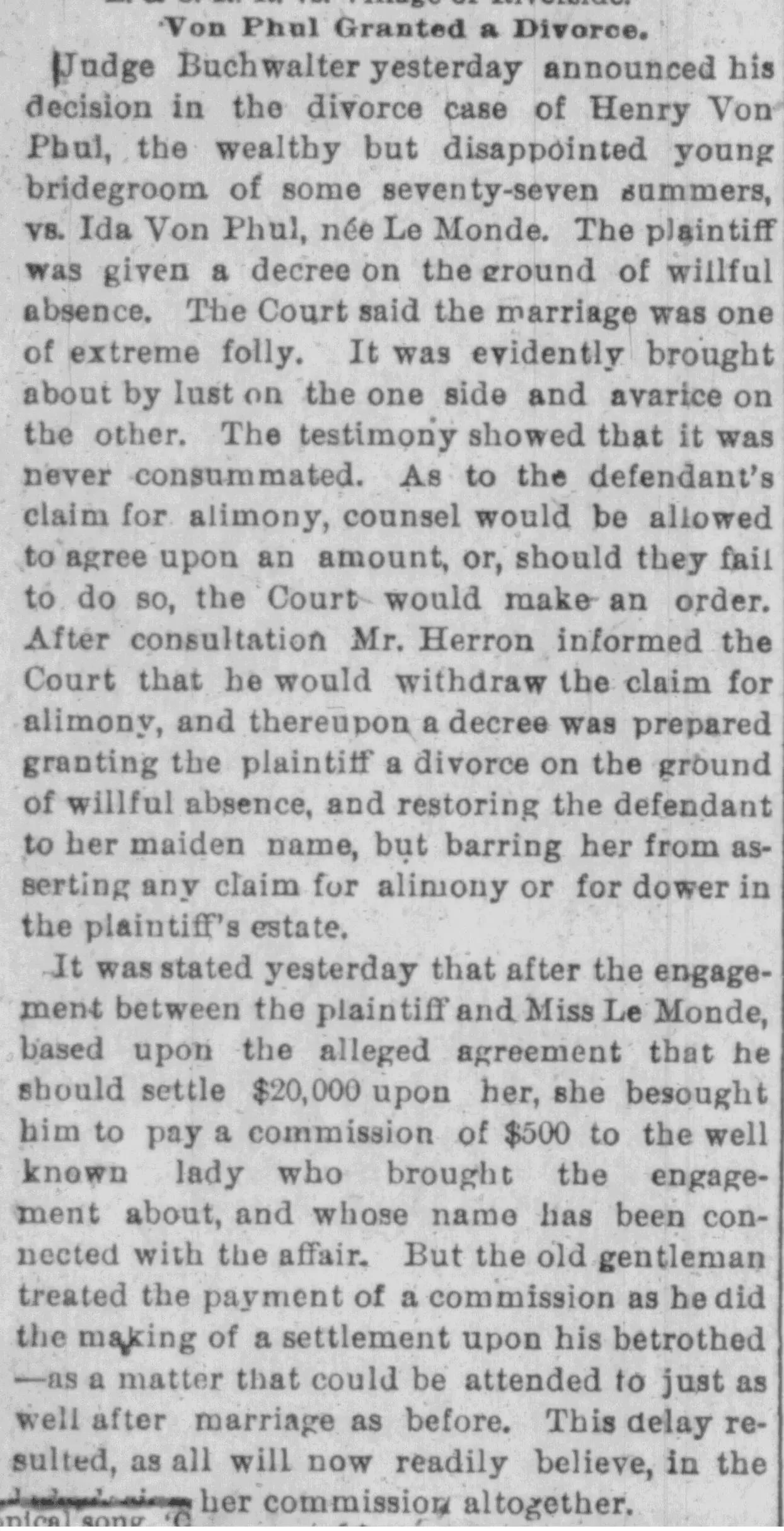 1888 newspaper article announcing the divorce of Henry Von Phul and Ida LeMonde, including court ruling and denial of alimony