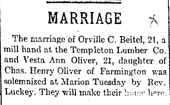 Newspaper marriage announcement for Orville C. Beitel and Vesta Ann Oliver