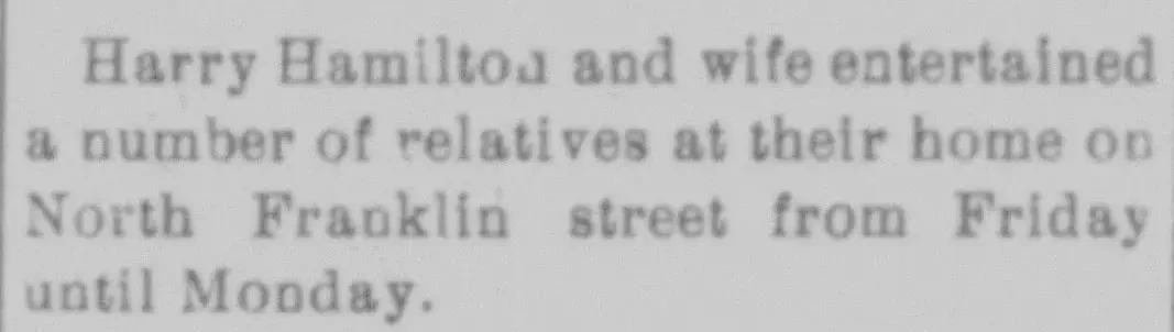 Newspaper clipping showing Harry Hamilton and wife entertaining relatives at their home on North Franklin Street, Greensburg Standard, December 31, 1909.