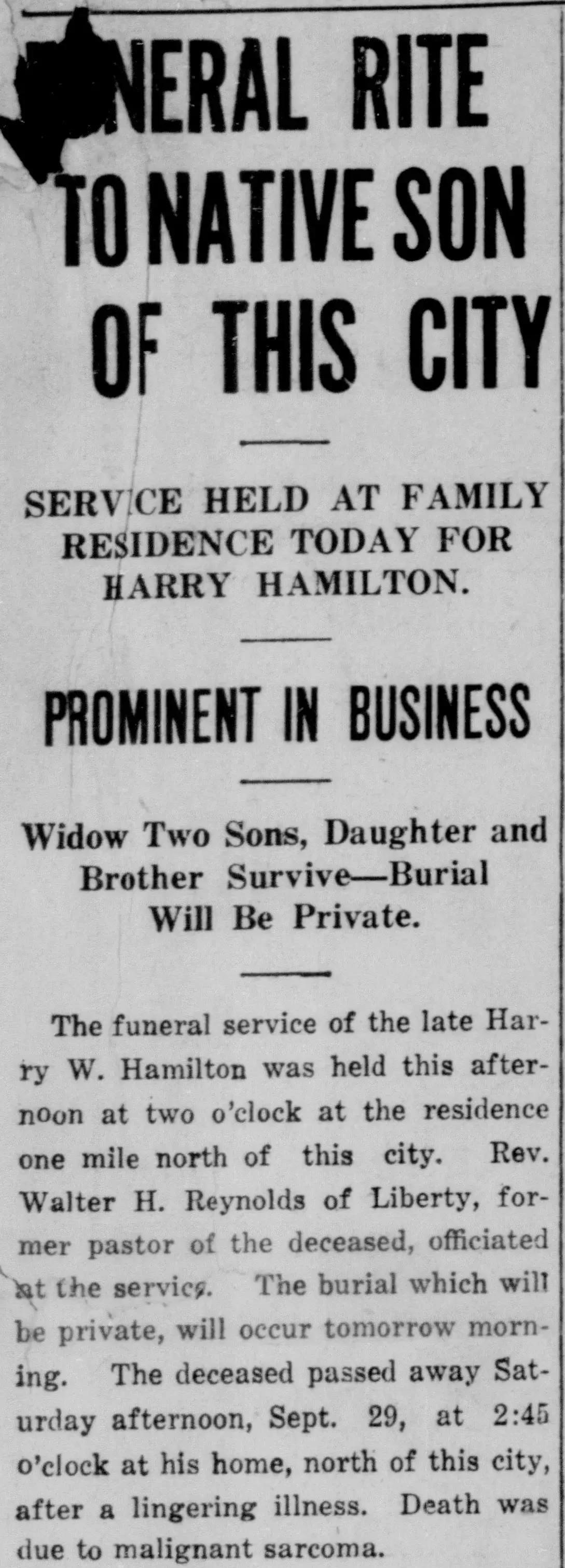 Newspaper clipping reporting the funeral of Harry W. Hamilton held at his family residence north of the city, Greensburg Daily News, October 1, 1923.