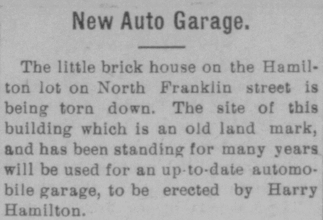 Newspaper clipping describing a building on North Franklin Street being replaced with an automobile garage by Harry Hamilton, Greensburg Standard, June 12, 1908.