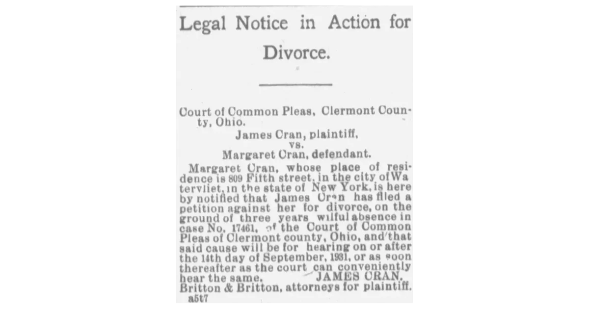 Legal notice in newspaper for divorce case in Clermont County Ohio listing plaintiff, defendant, and court details