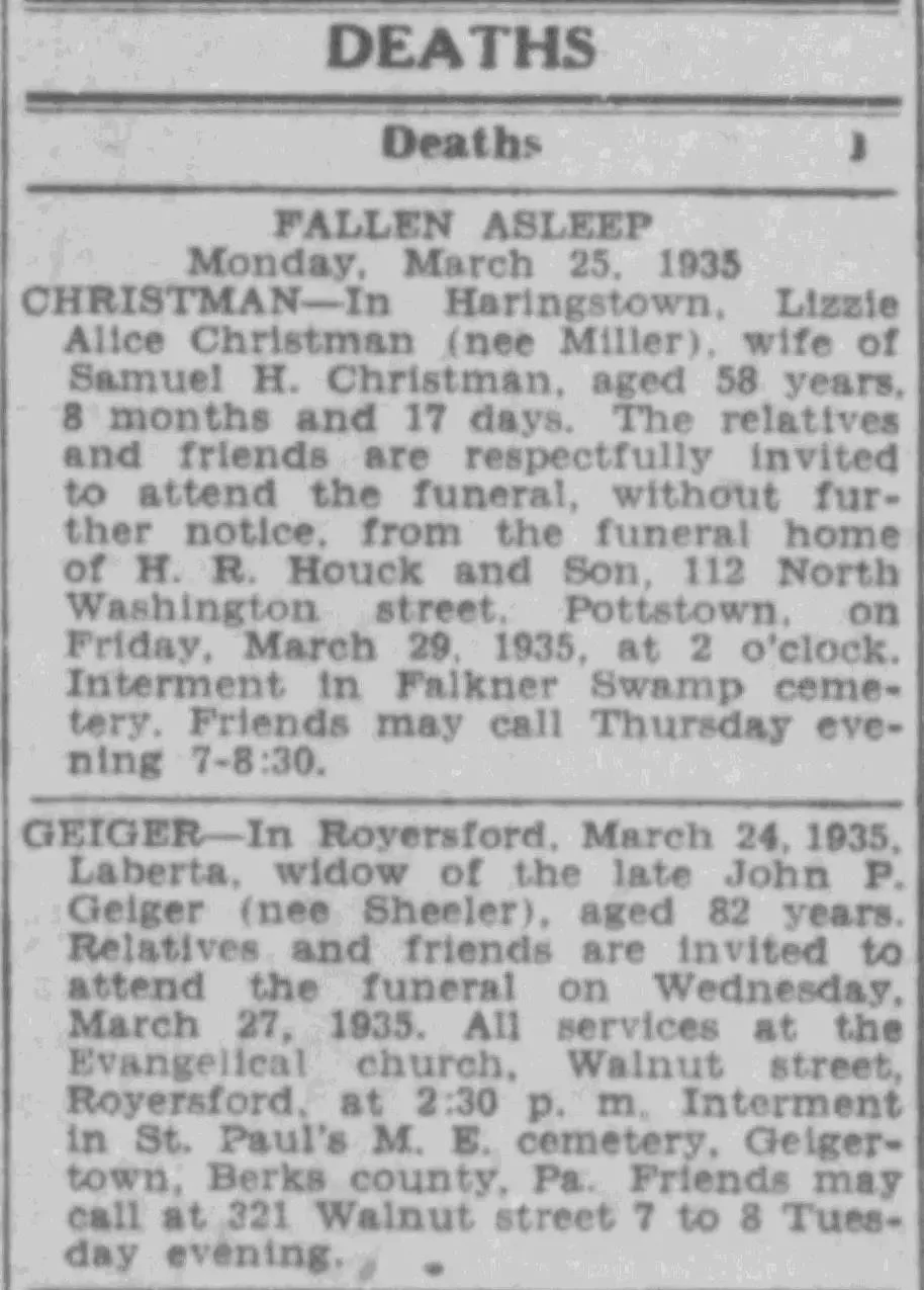 Newspaper deaths column listing funeral notices for Lizzie Alice Christman and Laberta Geiger with dates, relatives, services, and burial locations.