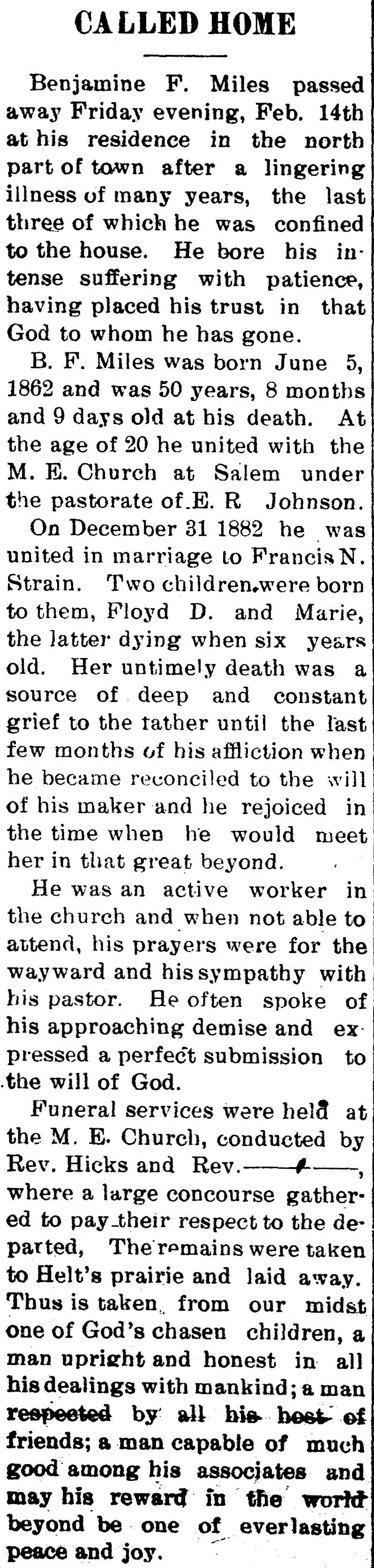 Long newspaper obituary for Benjamin F. Miles describing his death, family details, church membership, funeral service, and burial.