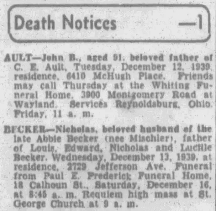 Newspaper death notices for John M. Ault and Nicholas Becker with family relationships, addresses, funeral home details, and service information.