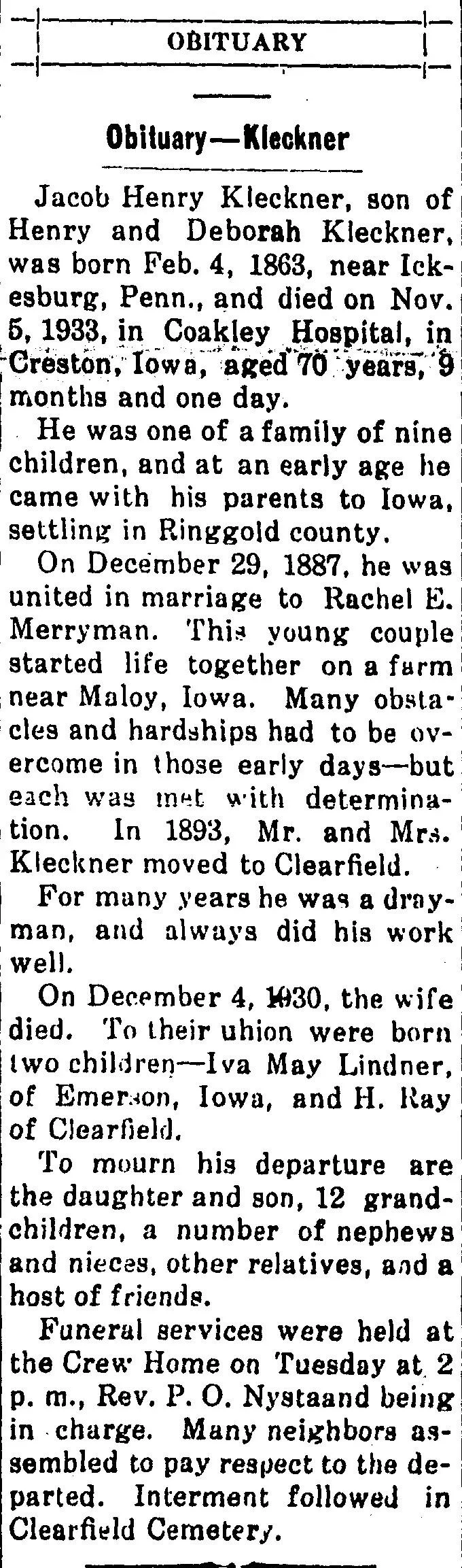 Newspaper obituary for Jacob Henry Kleckner with birth and death dates, family details, migration to Iowa, occupation, funeral service, and burial location.