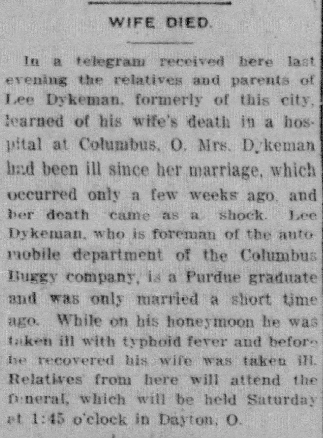 Newspaper article titled “Wife Died” reporting the death of Lee Dykeman’s wife in Columbus, Ohio, with illness, occupation, and funeral details.