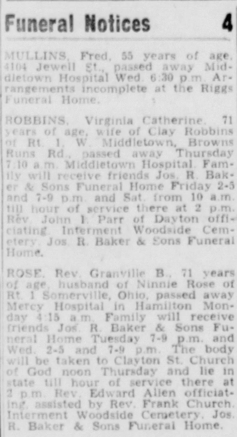 Newspaper funeral notices listing services for Fred Mullins, Virginia Catherine Robbins, and Rev. Granville B. Rose with funeral home, visitation, church, and cemetery details.