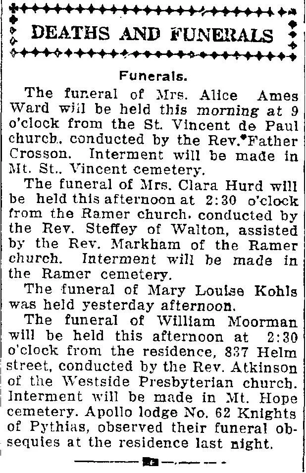 Newspaper “Deaths and Funerals” column listing funeral details for Mrs. Alice Ames Ward, Mrs. Clara Hurd, Mary Louise Kohls, and William Moorman.