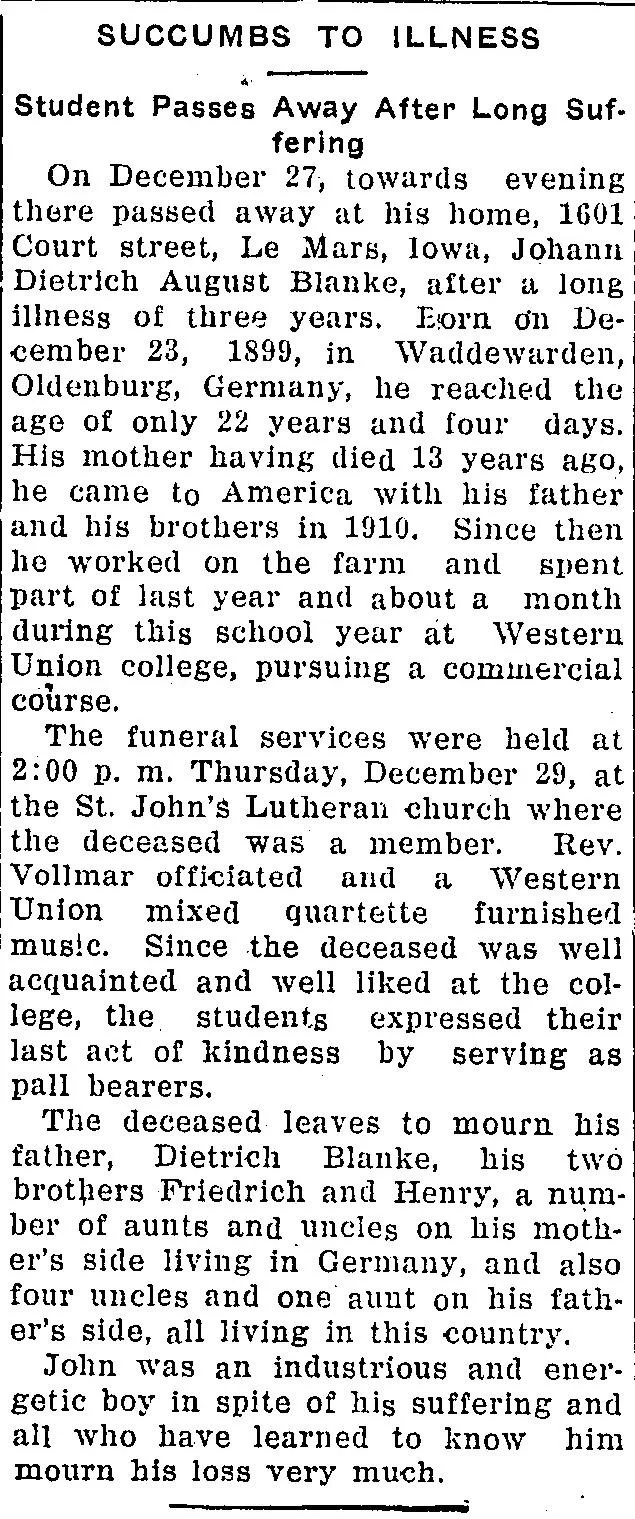 Detailed newspaper obituary for Johann Dietrich August Bianke with birth in Germany, immigration details, family members, school, church, funeral service, and relatives.