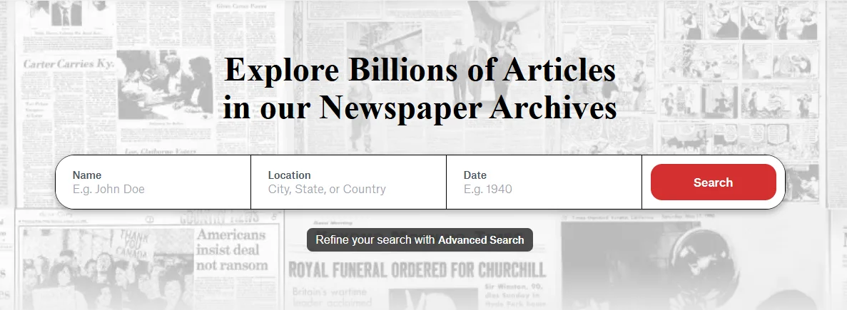 NewspaperArchive search page with fields for name, location, and date to search billions of historical newspaper articles.