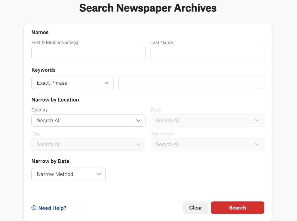 NewspaperArchive Advanced Search form with fields for first and middle names, last name, keywords, location, publication, and date filters.