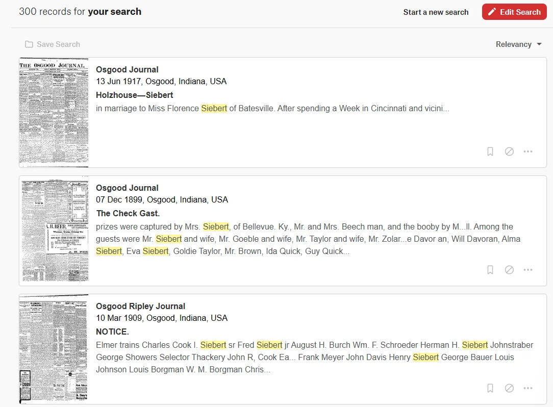 NewspaperArchive search results page showing 300 results for Siebert with highlighted keyword matches in Osgood, Indiana newspapers.