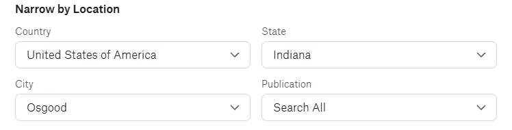 NewspaperArchive location filters showing country, state, city, and publication options narrowed to Osgood, Indiana.