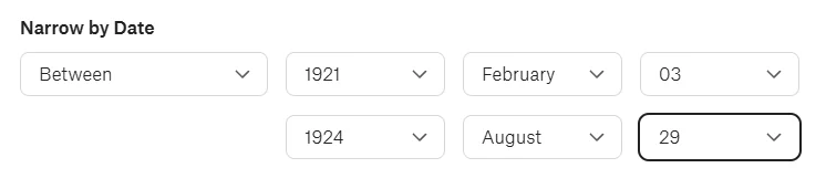 NewspaperArchive date filters showing a custom date range between February 3, 1921 and August 29, 1924.