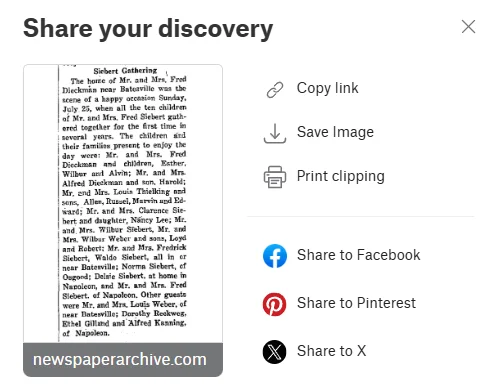 NewspaperArchive share panel with options to copy a link, save image, print clipping, and share a newspaper discovery online.