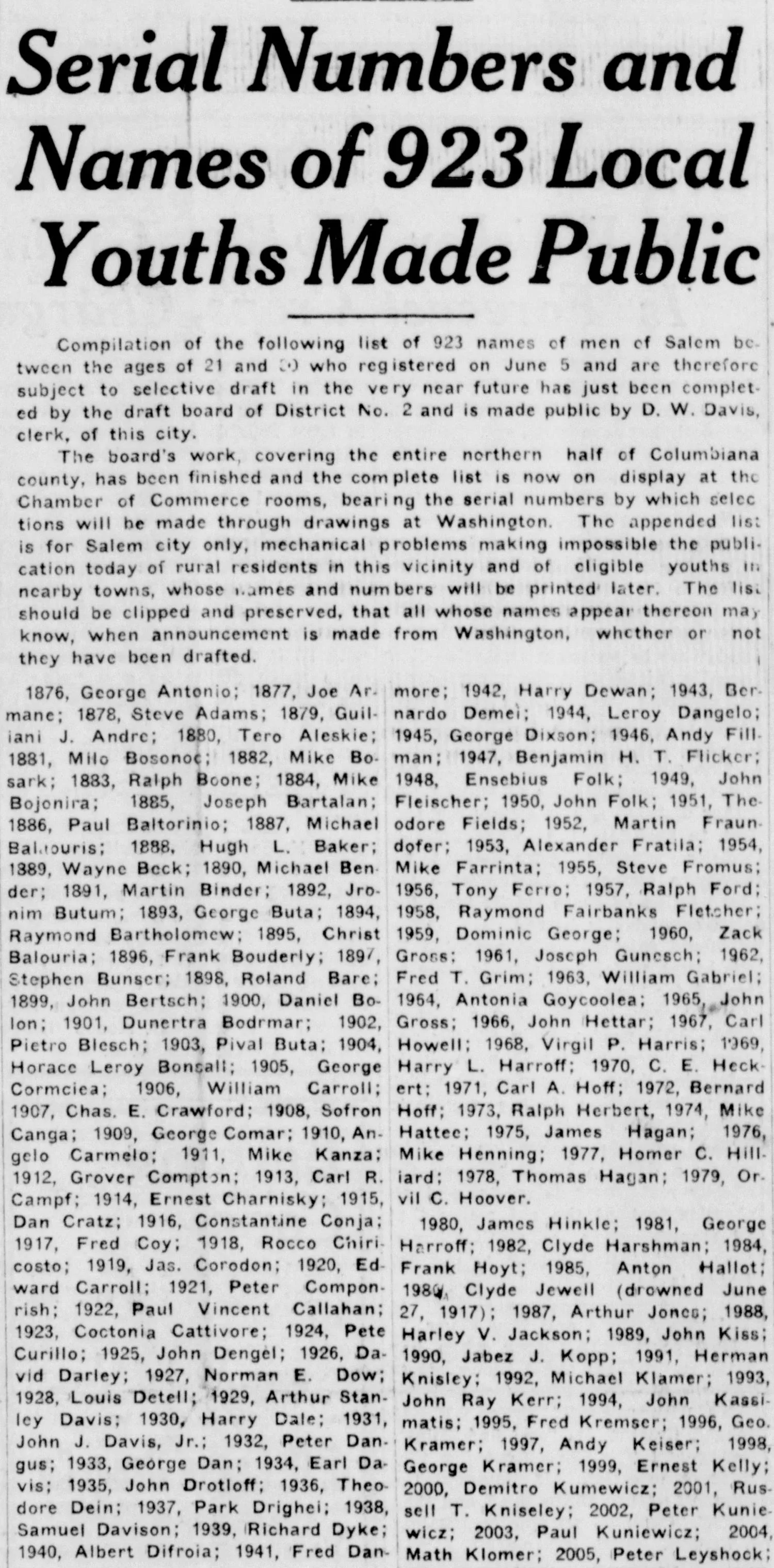 Newspaper article listing serial numbers and names of 923 local youths registered for the selective draft in Salem.