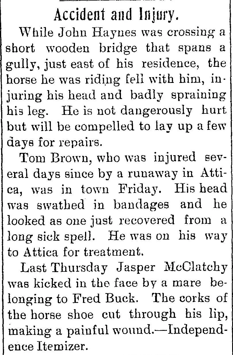 Newspaper “Accident and Injury” column describing injuries to John Haynes, Tom Brown, and Jasper McClatchy involving a bridge, runaway, and horse.