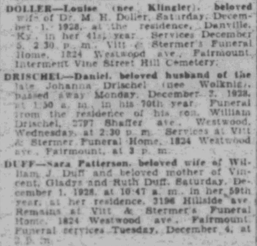 Newspaper death notice column listing Leslie Doller, Daniel Drischel, and Sara Patterson Duff with family names, residences, funeral details, and cemetery information.