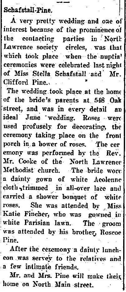 Newspaper wedding announcement for Stella Schafstall and Clifford Pine with ceremony details, parents’ address, attendants, reception, and future residence.