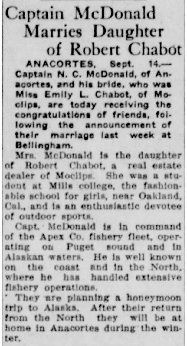 Newspaper marriage article for Captain N. C. McDonald and Emily L. Chabot with family background, education, occupation, and honeymoon plans.