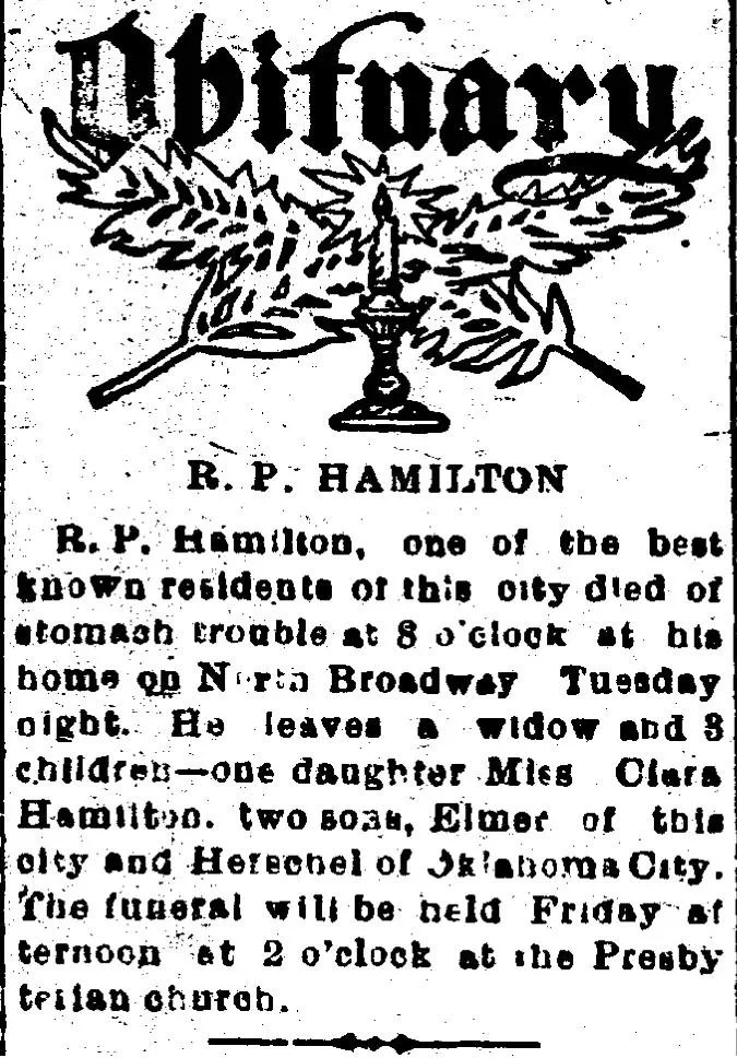 Newspaper obituary for R. P. Hamilton listing his death, residence, surviving widow and children, funeral time, and Presbyterian church service.